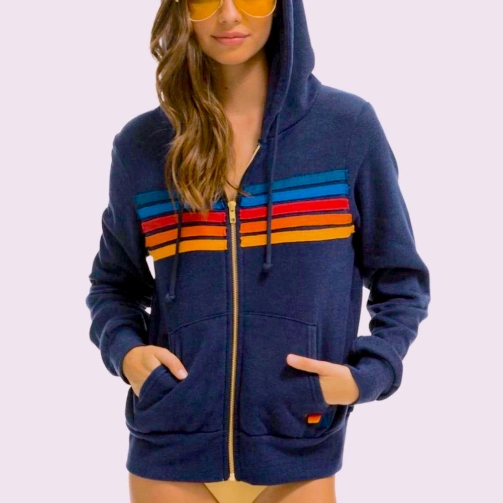 Aviator Nation 5 Stripe Zip Hoodie Sweatshirt